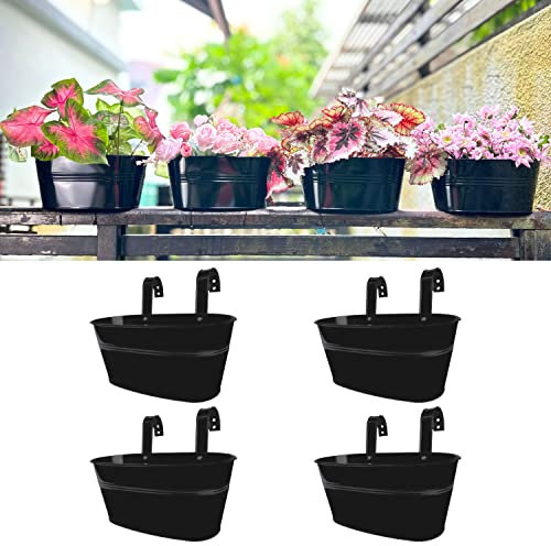 LaLaGreen Outdoor Rail Planter for Balcony (4 Pack, 9.8 Inch) Small and Cute Black Metal Iron Fence Hanging Flower Pots Deck Railings Buckets Boho Style Window Box Plant Holder Hooks Porch Decor