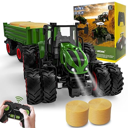 PENGBU RC Ferngesteuerter Traktor Ferngesteuert, Traktor Spielzeug ab 3 4 6 Jahre, Trecker Ferngesteuert mit Fernbedienung,Anhänger und Licht ab 3 4 6 Jahre, Weihnachten Geschenk für Kinder Jungen