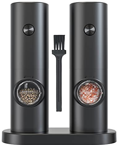 IraXpro Juego de Molinillo de Sal y Pimienta Electrico,Alimentado por Batería,Tosquedad Ajustable,con Base,Cepillo de Limpieza,Luz LED,2 Pack (Negro-Batería)