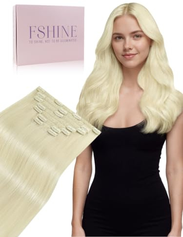 Fshine Echthaar Extensions Clip Weißblond 60 cm 120 g 7 Stücke | Einfach anzubringen, Schnell einsetzbar, Haarschonend, Anfängerfreundlich, Natürliches Volumen, Glatt und Seidig