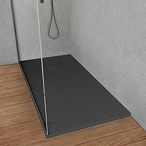 Inbagno Piatto Doccia 70x170 in Resina Antracite Effetto Pietra, Ultra Slim e Antibatterico, riducibile su Misura, griglia di Scarico Reversibile, Loren