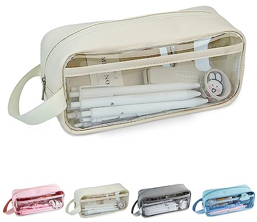 Yoolly Clear Pencil Case, Clear Exam Pencil Case, Waterproof PVC Zippered Toiletries Storage Pouch, Travel Luggage Pouch Make up Cosmetic Bag (Beige)