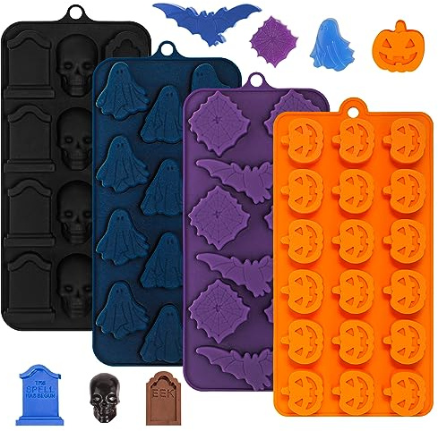 Webake Eiswürfelform Halloween Silikon Schokoladenform 4 Stück Pralinenform | Silikonform Totenkopf Kürbis Geist Fledermaus Spinnennetz Grabstein für DIY Halloween Schokolade, Süßigkeiten, Gelee