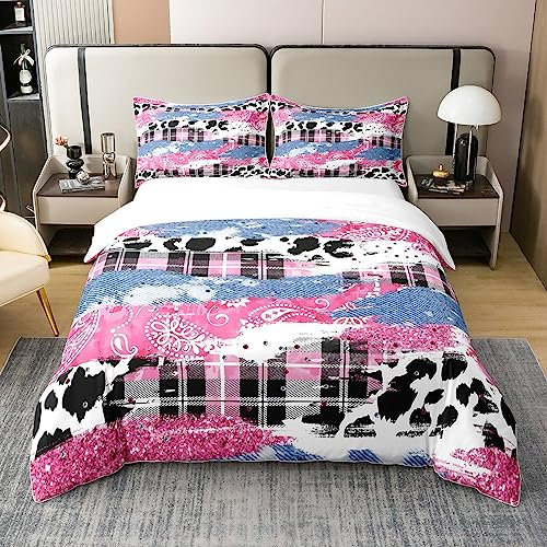 Kuh Skin Print 100% Bio Baumwolle Tröster Abdeckung Gitter Patch Mode Bettbezug Set 200x200 für Schlafzimmer Paisley Boho Bettwäsche Set 2 Kissenbezügen