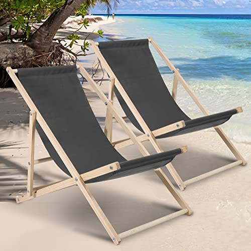 Tubiaz 2er Liegestuhl 120kg Belastbar Strandstuhl Holz,Gartenliege Klappbar wetterfest,Verstellbar Liegestuhl garten Sonnenliege Holz Relaxliege Garten für Camping Balkon Pool,Grau