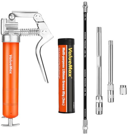 ValueMax Pistolet à Graisse Professionnel, Pompe à Graisse Manuel 3500PSI avec Cartouche de Graisse de 85g, Tuyau Flexible 298MM, 2 Tubes Métalliques et Buse