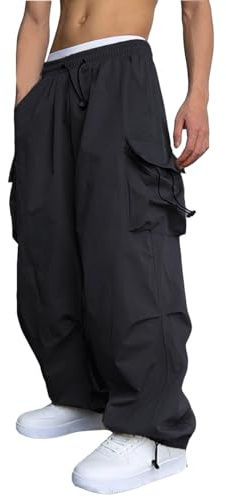 WZIKAI Men's Baggy Cargo Pants Casual Parachute Cargo Pants Loose Fit Hip Hop Harem Pants with Pockets Black XXXL