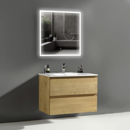 Alpenberger Waschtisch mit Unterschrank 80 cm Breit | Badezimmer Möbel 3 Teiliges Set mit Badezimmerspiegel | Waschbecken Gäste WC | Bad Spiegel mit Licht | (Vivento 80 Eiche Natur)