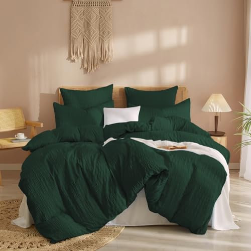 DXHOME Seersucker Ropa de cama de verano de 135 x 200 cm, 4 piezas, color verde oscuro y verde oscuro, ropa de cama reversible de microfibra suave, ropa de cama refrescante con cremallera y 2 fundas