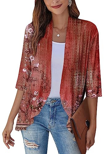 SCBFDI Giacca Donna, Cardigan Kimono da Donna Cardigan Floreale Con Maniche a 3/4 Spolverino Aperto Sul Avanti Volant Drappeggiato Elegante Coprispalle Estivo, Coprispalle Oro Cerimonia