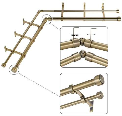 Mayrhyme Antique Bronze Double Corner Window Curtain Rods with Aluminum End Cap Finials and Brackets,1 Inch Diameter Dual Bay Window Curtain Rods, Adjustable 2 Sided 36-72 Inch Double Drapery Rod