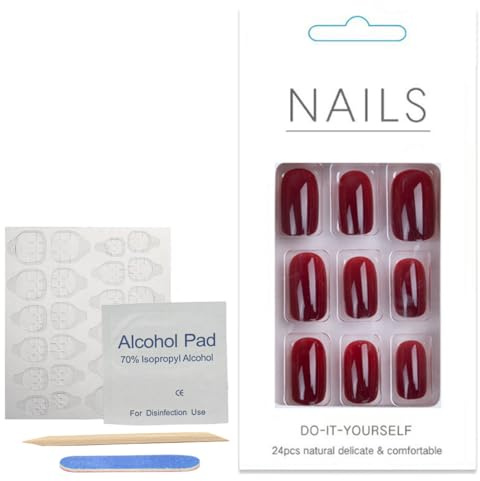 WeddHuis 24 Pezzi Unghie Finte Press On Nails Adesive in Gel Acrilico (Corte, Ovali/Mandorla) (Marrone Rossastro)