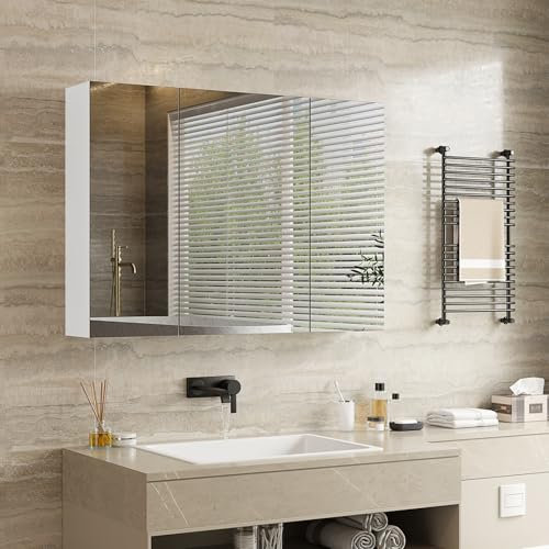 mojiasion Badezimmer Spiegelschrank 60x80x16cm(H×B×T), Spiegelschrank Bad 80 cm Breit, Badezimmerschrank mit 3Türen und 3 verstellbaren Ablagen, Wandschrank, Medizinschrank, modern, Weiß