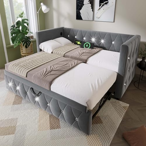 LTGB Upholstered Bed 90x190cm, Daybed Sofa Bed with with USB &Type C Charging Sations, 3FT Single Bed with Trundle,Pull out Trundle, for Living Room and Bedroom, Velvet (Gray)