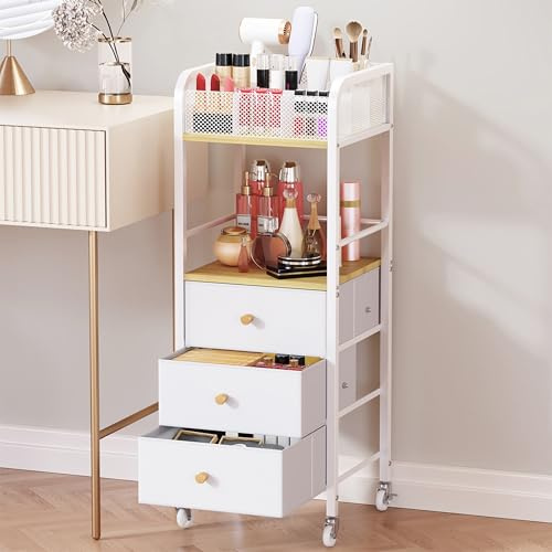 HapiRm Rolling Makeup Organiser Cart - Floor Skincare Make Up Storage with 3 Drawers, Vanity Storage Organiser Cosmetic Display Cases Holder for Skin Care Perfume Nail Polish Brush Hair Tool, White
