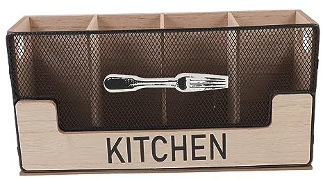 BEBEMOKO Caja De Almacenamiento Para Cubiertos De Cocina Organizador De Cucharas y Tenedores Múltiples Rejillas Caja Para Guardar Cubiertos De Encimera De Madera