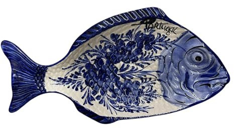Portugal handbemaltes Azulejo Goldfisch-Design Sardine – Portugiesisches Töpfertablett für Vorspeisen, Humus, Oliven, Saucen, Blumendekoration, schönes Touristengeschenk aus Portugal (blaue Blätter)
