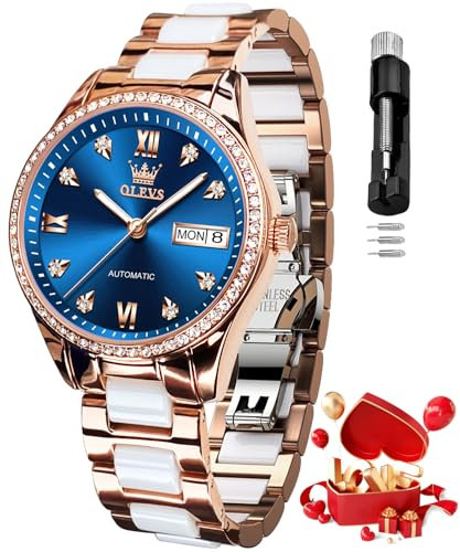OLEVS Automatische Armbanduhr für Damen, selbstaufziehend, Diamant-Armbanduhr für Damen, Luxus-Dress-Uhr in Roségold, Keramik-Uhr für Damen, Liebesherz-Datum, Armband