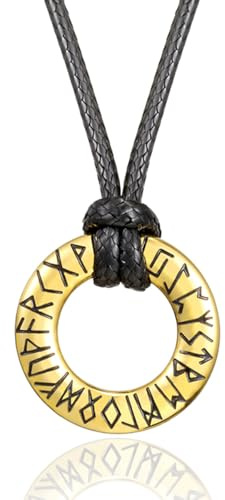 RWQIAN Mens Viking Necklace Black/Gold/Silver Norse Rune Pendant with Leather Rope Chain Nordic Amulet Necklace Jewellery Viking Gift for Men