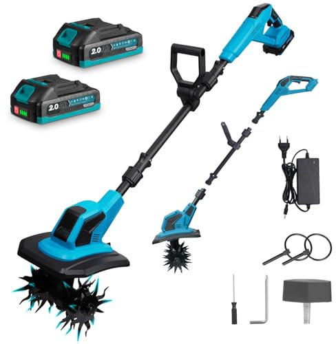 Yofidra Motozappa elettrica - Zappa a batteria da 600 W, larghezza di lavoro 23 cm, profondità 17 cm, display a LED, 2 batterie da 2,0 Ah, fresa da giardino con 4 lame da 12 denti