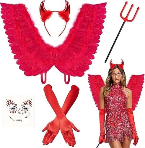 iZoeL Red Devil Costume Women Demon Halloween Costume Women, Red Wings Devil Horns Headband Fork Gloves Tattoos Pitchfork For Men Halloween Accessories Girls