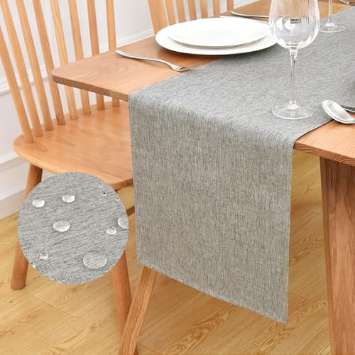 Inmerget Rustic Farmhouse Faux Linen Table Runner 33x92 cm (13x36 inch), Water Resistant Wipe Clean Polyester Dresser Scarf for Kitchen, Dining & Holiday Banquets (Grey)