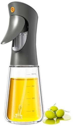 Ibergrif Ölspender 180 ml - Glasflasche für Airfryer & Küche, Präzise 1 g-Dosierung pro Stoß, Borosilikatglas, BPA-frei, Anti-Tropf, Grau, M528B