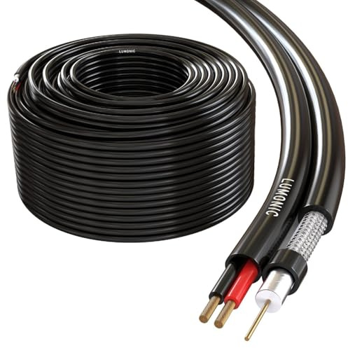 Lumonic RG59 RG59 Koaxialkabel + Strömkabel 100m | CCTV-övervakningskabel med strömförsörjning | 75 Ohm kombinationskabel, Dubbelt skärmad, 90dB Dämpning, Video + Elektricitet