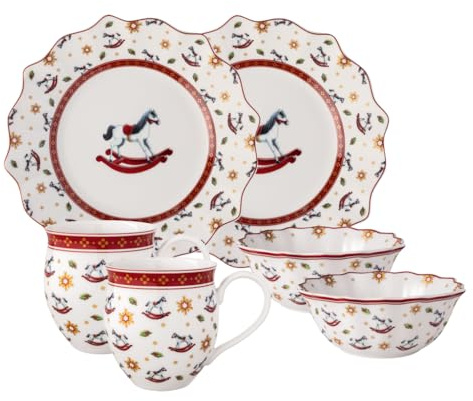 Villeroy & Boch - Toy's Delight Breakfast Set for 2 Rocking Horse 6 Pieces Multicoloured, Christmas, Crockery Set with Breakfast Plates, Cups and Bowls, Christmas Dishes, Premium Porcelain