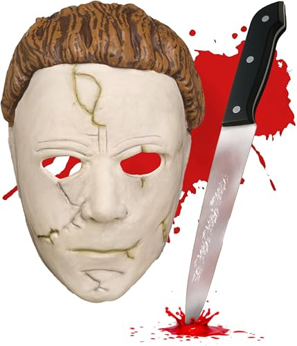 Mega_Jumble Halloween Costume Killer Set, Jason Hockey Mask + Bloody Machete for Adult Scary Halloween Party Haunted House Horror Cosplay Fancy Dress Accessory