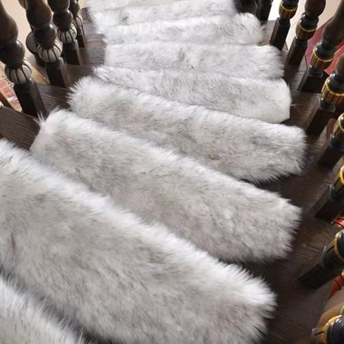 ZhuiFengA Peldaños Escalera Felpa Antideslizantes, 5 Piezas Alfombra, tapete escaleras Interiores, con Reverso Autoadhesivo, para escalones Madera (33.5X9.8)(White Gray)