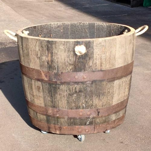 Temesso Extra hohes halbes schottisches Whiskyfass aus Eichenholz - Höhe 50 cm als Pflanzkübel (Natur mit Halteschlaufen)