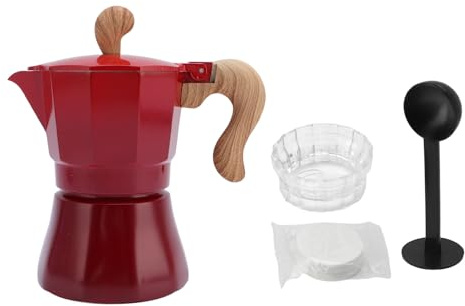 Adfaga Italian Coffee Maker 150ml Aluminum Alloy Stovetop Espresso Pot with Coffee Distributor Spoon and 100 Paper Filters for Home Baristas and Coffee Lovers (Gradient Red)