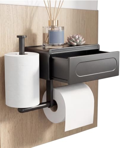 Toilettenpapierhalter Ohne Bohren, Klopapierhalter mit Feuchttücherbox | 2-in-1 Toilettenpapierhalter Schwarz, Klorollenhalter mit Ablage, Wc Papier Halterung mit Kleber für Badezimmer Toilette