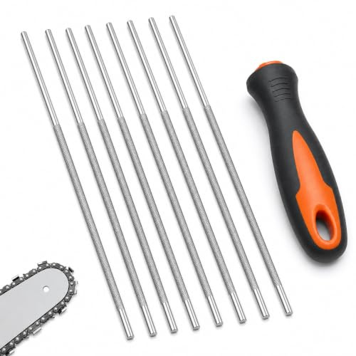 Lot de 8 limes rondes en acier de 4,0 mm pour tronçonneuse avec 1 poignée, lime pour affûtage de tronçonneuse, convient pour 12/14/16 pouces MS170 MS180 MS182, outil pour chaînes de tronçonneuse