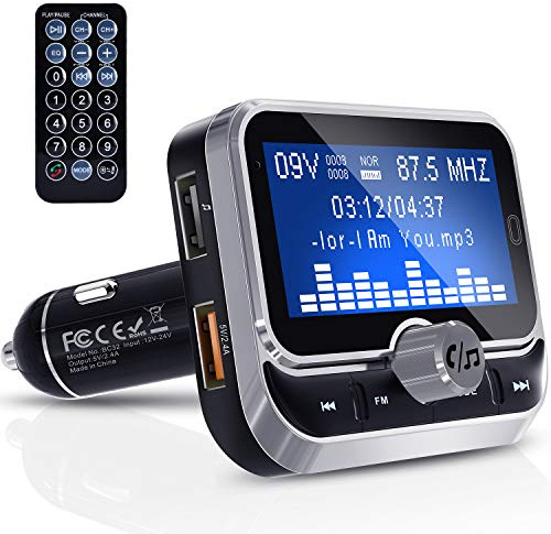 FM Transmitter, Clydek Bluetooth FM Transmitter Radio Adapter Audio Receiver Stereo Music Tuner Car Kit with Dual USB 2.4A Charger, Remote Control [1.8 Inch Large Screen]