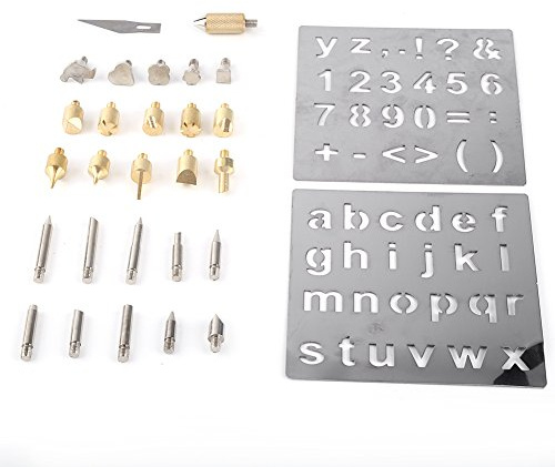 28 pcs Kit de combustion du bois, Pyrogravure stylo à bois sculpture embossage conseils de soudure Conseils de sculpture sur bois avec chiffres alphabet symboles pochoirsMatériel pour chauffage au