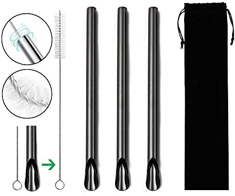 Extra Wide Reusable Stainless Steel Boba Drinking Straws Spoon Fat Straws Smoothie/Bubble Tea/Milkshakes Straws with Cleaning Brush & Carry Bag 12mm/0.5 Wide (Set of 3, Black)