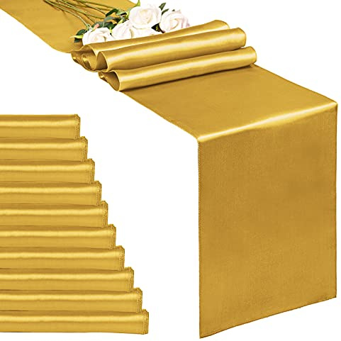 10-Pack Gold 12 x 108 inches Long Premium Satin Table Runner for Wedding, Decorations for Birthday Parties, Banquets, Graduations, Engagements, Table Runners fit Rectange and Round Table