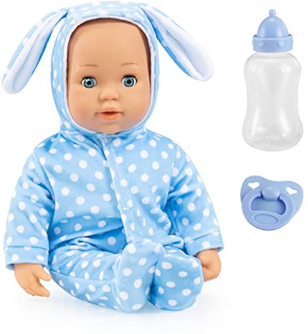 Bayer Design 93822AD Babypuppe Anna, spricht 24 Babylaute, weicher Körper, Schlafaugen, Schnuller, Flasche, 38 cm, blau
