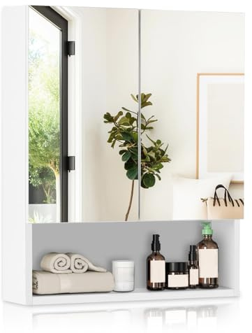 CLIPOP Spiegelschrank 2 Türen, verstellbare Böden, offenes Regal,weiß | Wandmontage, MDF, 50×15x60 cm, für Badezimmer, modernes Design, viel Stauraum,Möbel