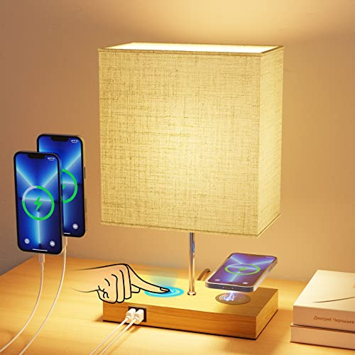 GLUROO Lampe de Chevet avec Chargeur sans fil, 2 Ports de Charge USB, Lampe de Chevet Tactile avec Intensité Variable à 3 voies, Lampes de Table LED Dimmable pour la Lecture salon Bureau