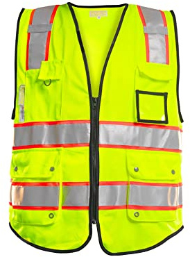 PACIFIC PPE 10 Pockets Safety Vest for Men, 3M High Visibility Reflective Strips with Pockets and Zipper, ANSI Class 2, Yellow, Large