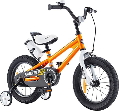 RoyalBaby Freestyle Kinderfahrrad Jungen Mädchen mit Hand- und Rücktrittbremse Fahrrad 14 Zoll Orange