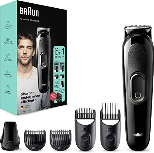 Braun 6-in-1 All-in-One Series 3, Male Grooming Kit with Beard Trimmer, Hair Clippers & Precision Trimmer with Lifetime Sharp Blades, 5 Attachments, Gifts for Men, UK 2 Pin Plug, MGF3335, Black Razor