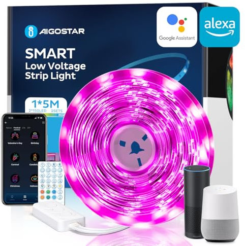 Aigostar Alexa LED Strip Lights 5m, Smart WiFi App Control, Compatible with Alexa and Google Assistant, Music Sync Mode, Led Lights for TV Bedroom Home Christmas Party