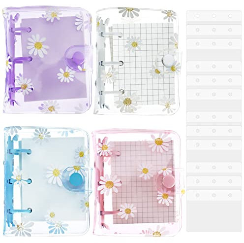 YETOOME 4 Sets Mini transparente 3-Ringbucheinband mit Gänseblümchen-Muster, Innenpapier und Taschen, transparentes weiches PVC-Notizbuch, lose Blätter, Ordner mit Druckknopf