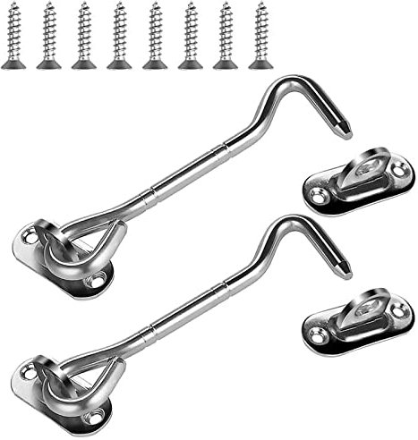 nutmanel 2 Stück Sturmhaken,Kabinenhaken Edelstahl,Riegel Tür,Haken mit öse,Silber,Tuerriegel Kabinenhaken verriegelung für türen mit 8 Stück Montage Schrauben für Tor, Garage, Zaun, Fenster