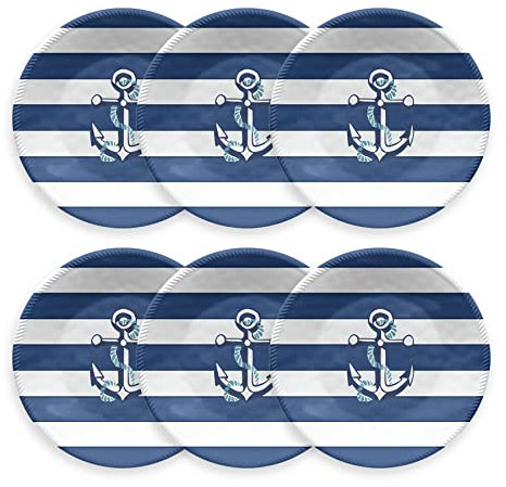 TarHong Nautical Anchor - Plato de ensalada, 8.5 pulgadas, melamina pura; azul marino y blanco, juego de 6