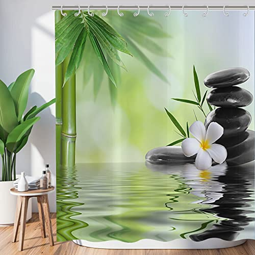 Hnmdmyi Zen Garden Shower Curtain 180x180, Spa Green Bamboo Black Stone White Flower Bathroom Curtains Japanese Meditation Relaxing Waterproof Polyester Fabric Washable Bath Curtains with Hooks